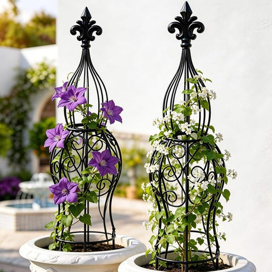2-Pack Garden Obelisk Trellis for Climbing Roses & Flowering Vines, 30" Tall Iron Plant Support, Tool-Free Snap Assembly, Decorative Outdoor Accent for Patio Planters & Entryways