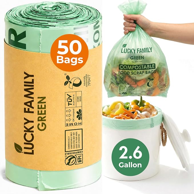 Compostable Trash Bags for Kitchen Compost Bins – 2.6 Gallon Compost Bags for Countertop Bin, Green Compostable Bags, BPI Certified ASTM D6400, Leak-Resistant Food Waste Bags (50 Count)