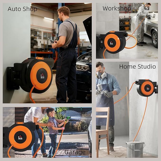 HOMCOM Retractable Air Hose Reel, Wall Mounted Air Compressor Hose Reel with Swivel Bracket, Auto Rewind, 3/8 in x 82 ft, 6.6 ft Lead in, 300 PSI, Air Coupler, Black and Orange