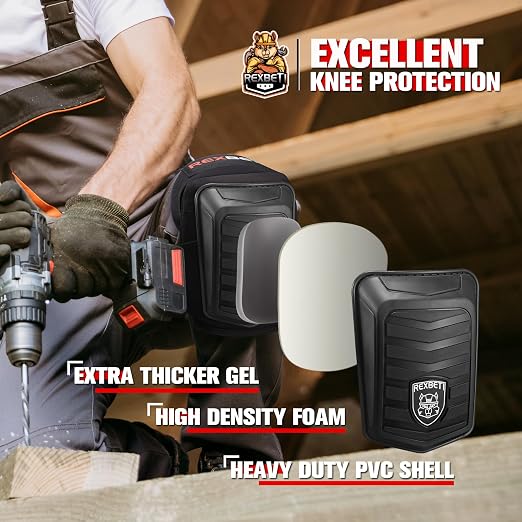 REXBETI New Upgraded Knee Pads for Work, Construction Knee Pads for Men, Heavy Duty Comfortable Anti-Slip Foam Gel Knee Pads for Gardening Flooring and Cleaning, Extra 4 Extension Straps, Black