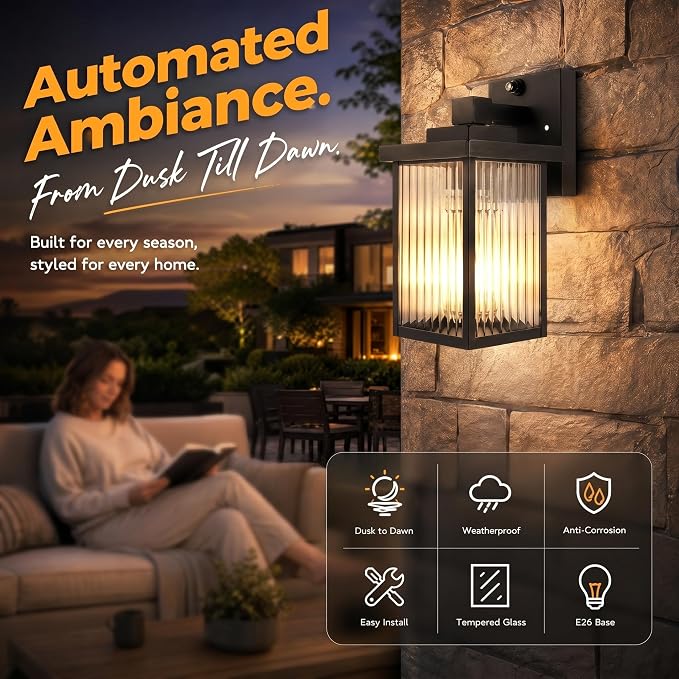 Dusk to Dawn Porch Light, Outdoor Wall Light, All-Metal Frame | Auto On and Off, Rust-Resistant, Tempered Glass, Easy DIY Install on Porch, Garage
