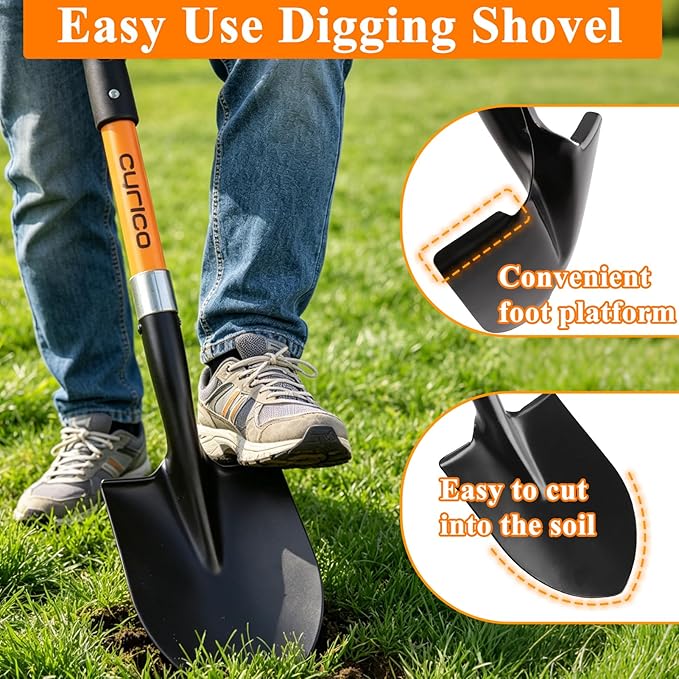 Cyrico 28 Inch Shovel for Digging, Heavy Duty Round Point Garden Shovel with D-Handle Fiberglass Handle, Portable Small Shovel for Gardening Landscaping Camping Snow Removal Beach Car Emergency Tool