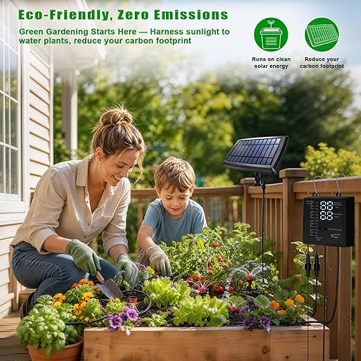 Irrigation System for Garden with Solar Panel, Automatic Drip Irrigation Kits 49FT Hose, Smart Timer Solar Irrigation System for Garden, Patio, Small Farm, Prevent Plants Wither (15 Pots)