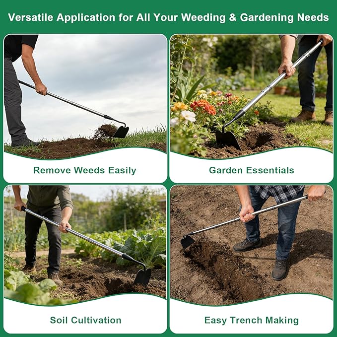 Garden hoe heavy duty for weeding，Hoe garden tool 37.8''-66.1'' Adjustable with 7.1inch Wide Welded Blade，Hoes for gardening with Long Stainless Steel Handle for Digging Loosening Weeding Planting