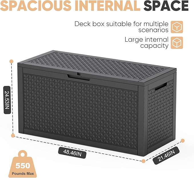 EasyUp 110 Gallon Deck Boxes Outdoor Waterproof, Resin Outside Storage Box for Patio Cushion Furniture Pool Accessories Garden Tools Indoor Outdoor Storage Bench (110 Gallon, Black)