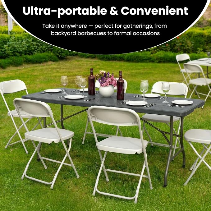 6 Foot Foldable Table with Built in Handle & Steel Legs, 6FT Portable Heavy Duty Plastic Folding Tables for Parties, Dining, Wedding, Events, Picnic, Indoor & Outdoor, Camping, Utility