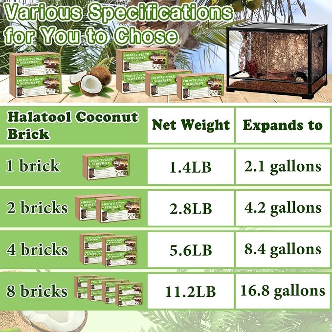 Halatool 1.4LB Coconut Fiber Substrate for Reptile Bedding, Natural Compressed Coconut Husk Substrate for Snake Tarantula Enclosure Tortoises Habitat Spider Leopard Gecko Tank