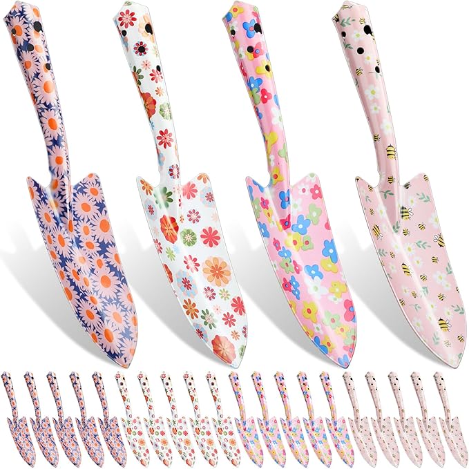 12 Pcs Floral Garden Shovels Bulk Gardening Gift for Women Heavy Duty Metal Garden Tools Floral Hand Shovel Planting for Summer Employees Birthday Thank You Gifts (Pink Daisy)