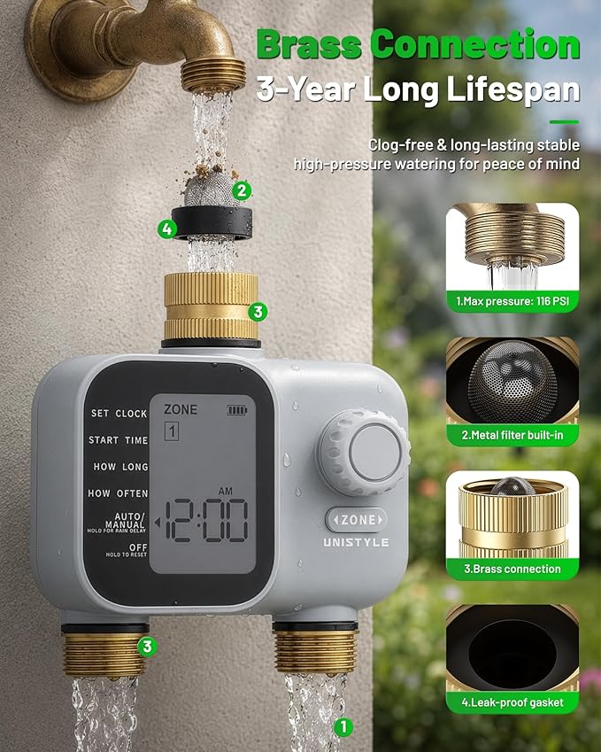 [2026 Upgrade] 2 Zone Sprinkler Timer with Brass Inlets & Outlets, Unistyle Programmable Water Timer for Garden Hose, IP55 Waterproof Hose Timers with Manual Irrigation Timers for Yard and Lawn Patio