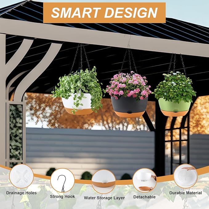 KPUVX 10 Inch Hanging Baskets for Plants Outdoor Self Watering Pots for Indoor Plants, 3 Pack Plastic Hanging Basket with Removable Tray for Home Garden Porch Balcony Patio Decor(Black)