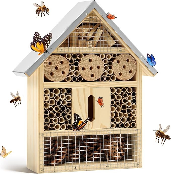 UUMENHA Insect Hotel & Mason Bee House - Butterfly House,Multi-Functional Bee Hotel for Garden, Attract Pollinators,Durable Natural Wood Design,4.13×2.56×10.63 inches