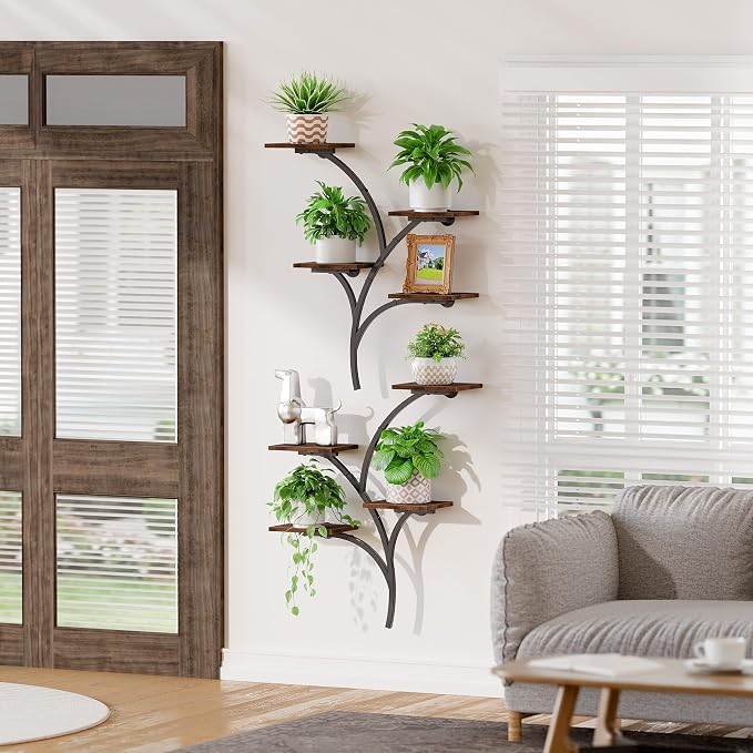 POZILAN Wall Planters for Indoor Plants, 2 Pack 8 Tiered Wall Mount Plant Holder, Sturdy Metal & Wood Hanging Planters for Living Room Window, Wall Plant Stand Indoor for Home Decor & Multiple Plants