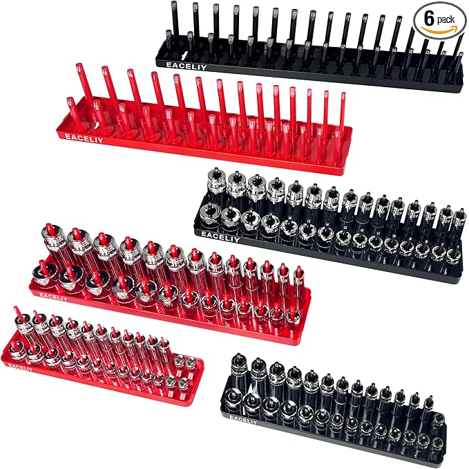 EACELIY 6PCS Socket Organizer Tray Set,1/2", 1/4" and 3/8" SAE & Metric Deep & Shallow Socket Holder Kit, Deep and Shallow Socket Holders for Toolboxes(sockets not included)
