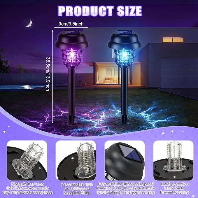 Qualirey 12 Pcs Solar Mosquito Zapper Outdoor Waterproof Solar Powered Bug Zapper Outdoor Mosquito Killer Lamp Trap Repellent Light for Garden Yard Insect (Purple and Colorful Light,Black)