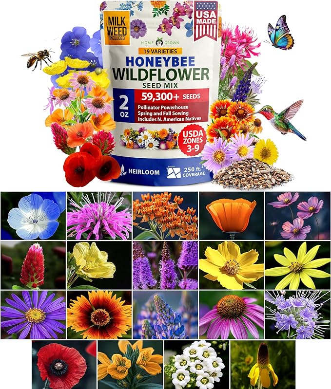 HOME GROWN Premium Wildflower Seeds Bulk Mix | 59,300+ Perennial & Annual Flower Seed for Planting Outdoors | 19 Varieties Throw and Grow for Bees & Butterflies | 2 oz