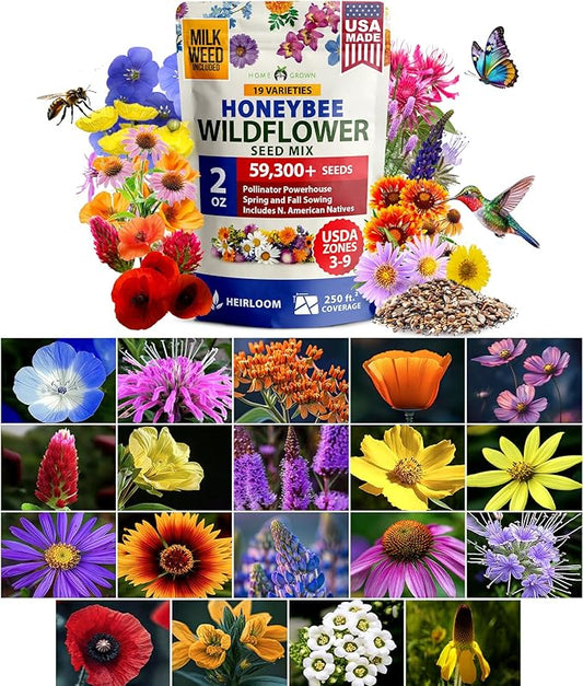 HOME GROWN Premium Wildflower Seeds Bulk Mix | 59,300+ Perennial & Annual Flower Seed for Planting Outdoors | 19 Varieties Throw and Grow for Bees & Butterflies | 2 oz