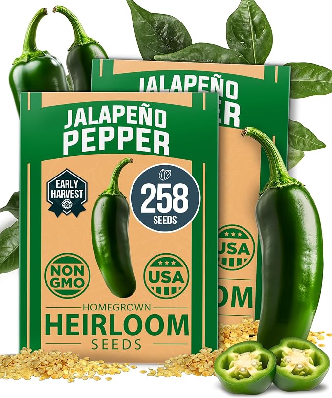 HOME GROWN Jalapeno Pepper Seeds 258+ Heirloom Non-GMO Seeds for Planting, High Germination, Mild to Medium Heat Hot Peppers, Heavy Producer, Perfect for Salsa & Pickling (Capsicum annuum)