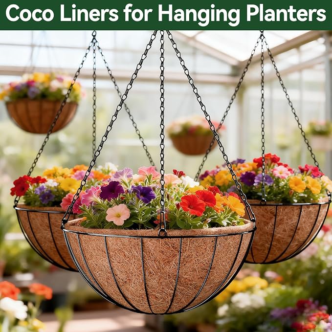 ZeeDix 4 Pack 20 Inch Coco Liners for Hanging Baskets, Round Coconut Liners for Planters Natural Coco Coir Fiber Replacement Liner for Flowers Vegetables Patio Garden Porch Decor