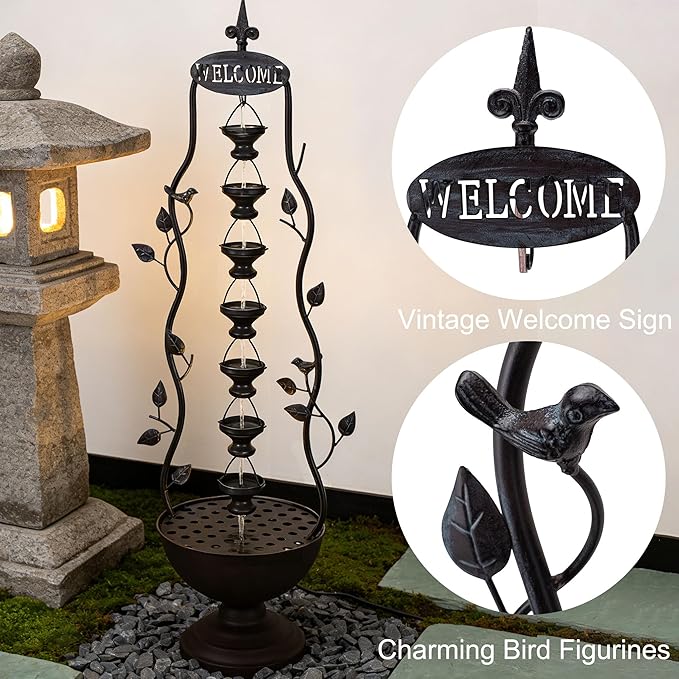 42" Water Fountain 7-Tiers Outdoor Indoor Floor Standing Waterfall Metal Water Flow for Patio Yard Porch Garden Home Decor
