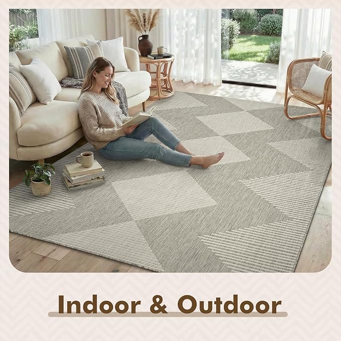 MontVoo-Outdoor Rug Carpet Patio Rug 4x6 ft Polypropylene Indoor Outdoor Rugs for Patio Deck Balcony Porch, Textured Weave, Durable for High Traffic, Fade-Resistant, Boho Geometric Silver Grey