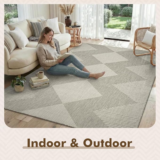 MontVoo-Outdoor Rug Carpet Patio Rug 5x7 ft Polypropylene Indoor Outdoor Rugs for Patio Deck Balcony Porch, Textured Weave, Durable for High Traffic, Fade-Resistant, Boho Geometric Silver Grey