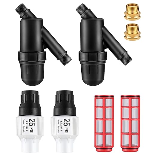 Aurelema Drip Irrigation Pressure Regulator and Filter 25 PSI Water Backflow Preventer for 3/4'' Garden/Faucet Hose Thread and Drip Irrigation Inline Y Filter 3/4" x 3/4" FHT Hose Connection (2 Pack)