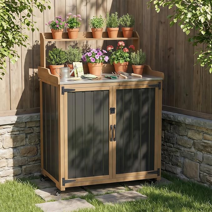 Outdoor Potting Bench with Storage, Outdoor Garden Work Table & Storage Cabinet with Adjustable Shelves, Lockable Wheels, Waterproof Metal Top Workstation for Potting, Gardening, Backyard, Patio