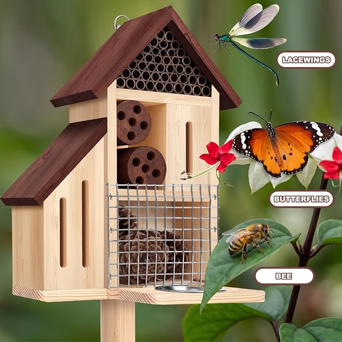 Hoteam Wooden Insect Hotel Bee Ladybugs Butterfly House Large Natural Mason Bee Lady Bug Hotel with Stake and Feeder for Garden Yard Backyard Attract Butterflies Pollinators Beneficial Insect(Brown)
