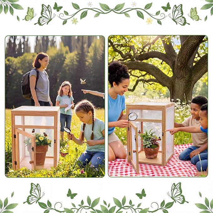 Bucherry Wooden Butterfly Habitat Cage Kit Monarch Caterpillar Enclosure with Mesh Tent & Wood Frame, Detachable Insect Observation House for Kids Outdoor Garden(15.7")