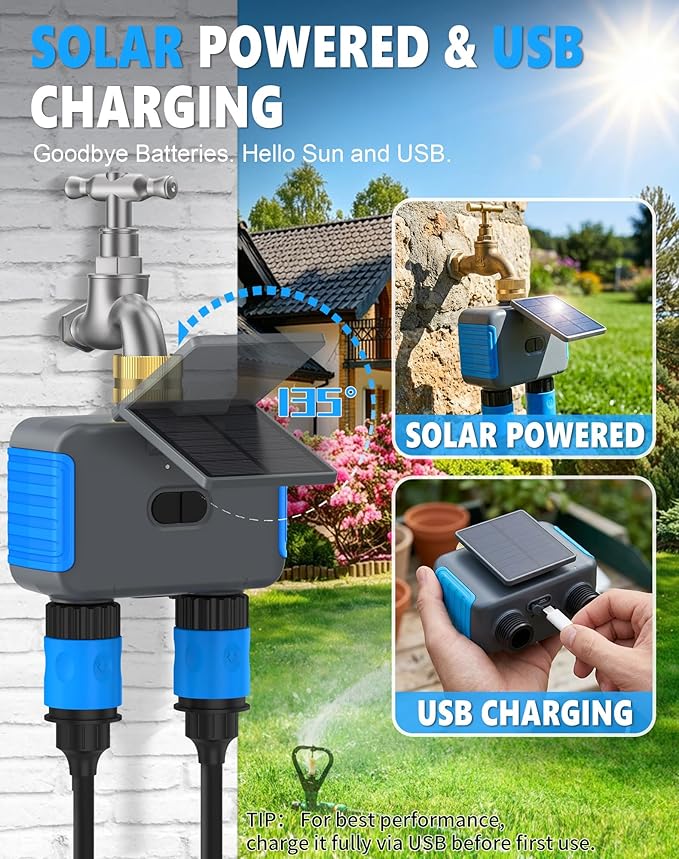 WiFi Solar Sprinkler Timer, 2 Zone Smart Bluetooth Hose Timers, Water Timer for Garden Hose with APP, Digital Automatic Irrigation System Compatible with Alexa Google, for Outdoor Garden Lawn