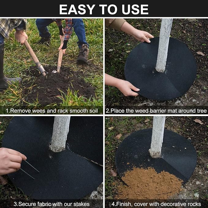 20Pack Non-Woven Tree Mulch Ring 10.6 Inch Tree Rings for Weed Control, Root Protection, Reusable Mat with 20 Staples Stakes, Round Ring Grass Pets Damage