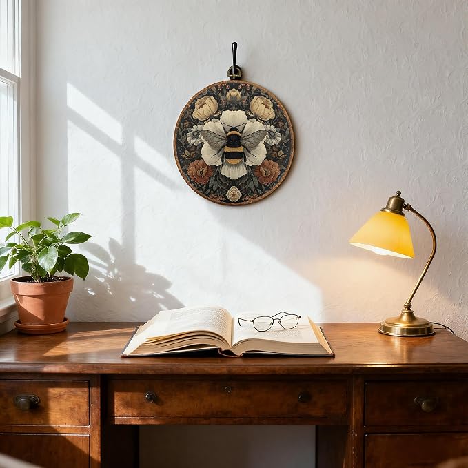 DOFQZ Vintage Boho Floral Bee Round Wall Art Decor, Dark Cottagecore Flower Bumblebee Framed Wall Art, Retro Botanical Canvas Wall Hanging Decor for Home Bedroom Living Room, 10x10