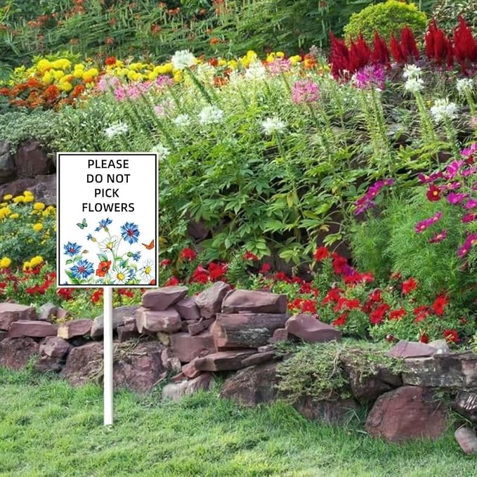 Please Do Not Pick Flowers Yard Sign with Stakes,Pollinator Wildflowers Butterfly Bee Habitat Rustproof Aluminum Lawn Sign Stand for Yard Garden Outdoor Decorations（8 * 12in）