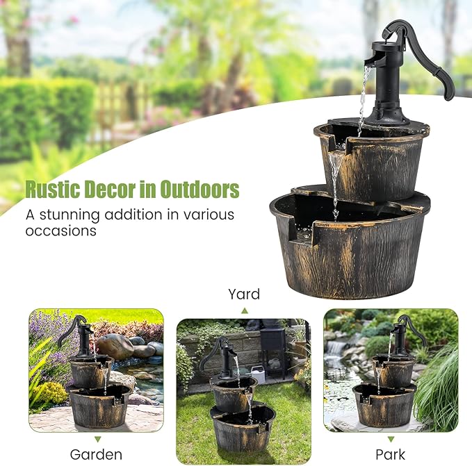 Tangkula 2-Tier Water Fountain Outdoor, Rustic Wood Cascading Waterfall Fountain with Electric Pump, Outside Water Feature with Decorative Hand for Garden Patio Backyard (Plastic)