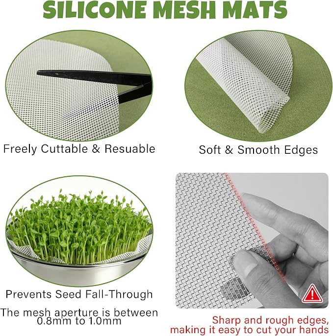 2 Pack 304 Stainless Steel Seed Sprouter Trays, 2-Tier Soil-Free Microgreens Growing Kit, Rust-Free Round Sprouting Tray with Mesh Pads for Sprouts Beans Alfalfa Wheatgrass
