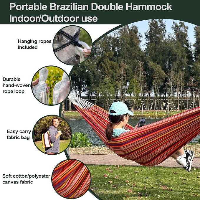 JoyView Brazilian Double Hammock with Hanging Ropes Extra Large 86.6x59” Portable Cotton Hammock for Patio Backyard Porch 450LBS Weight Capacity Perfect for Outdoor/Indoor - Blue & Green Stripes