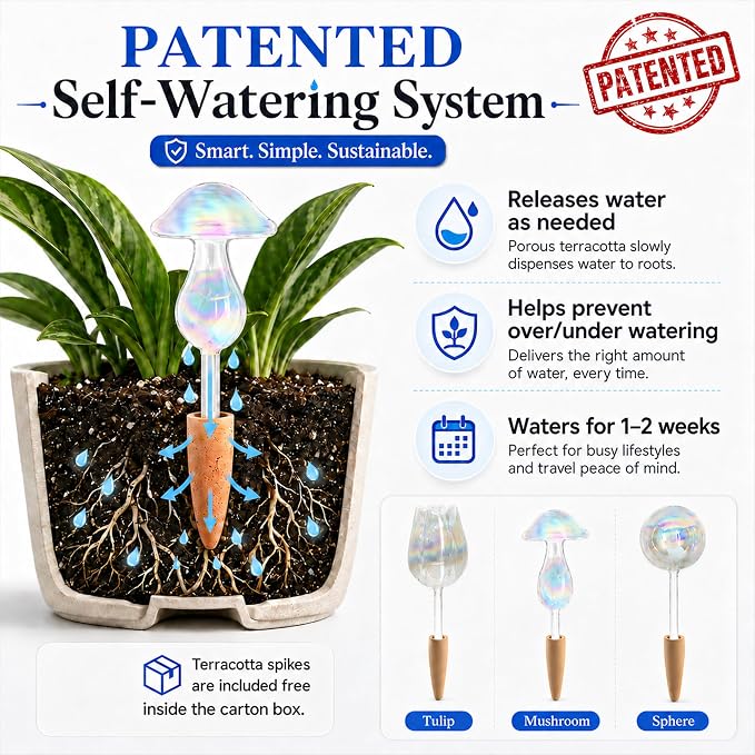 HyJeryty Non-Clogging Iridescent 3 Pack Mushroom Plant Watering Globes with Terracotta Spikes, Hand Blown Glass Self Watering Planter Insert Plant Watering Devices Bulbs for Indoor and Outdoor Plants