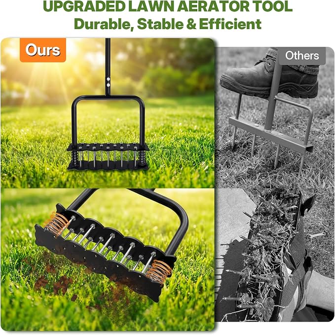 Manual Aerator Lawn Tool, Heavy Duty 35" Lawn Aerator Tool with T-Handle, 14 Spikes Automatic Rebound Aerating Tool, Anti-Clog Aerators Detachable Soil Aeration for Garden Lawn, Yard, Patio and Grass