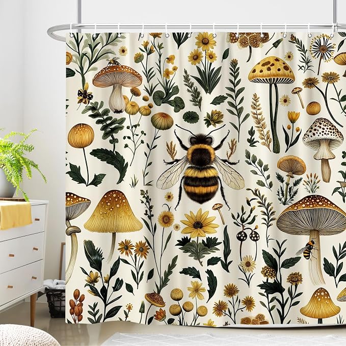 Rustic Boho Mushroom Shower Curtain, Vintage Chic Bee Mushroom Botanical Floral Farmhouse Cottagecore Aesthetic Shower Curtain Set with Hook, Fairy Witchy Plant Shower Curtain for Bathroom 72X72 Beige