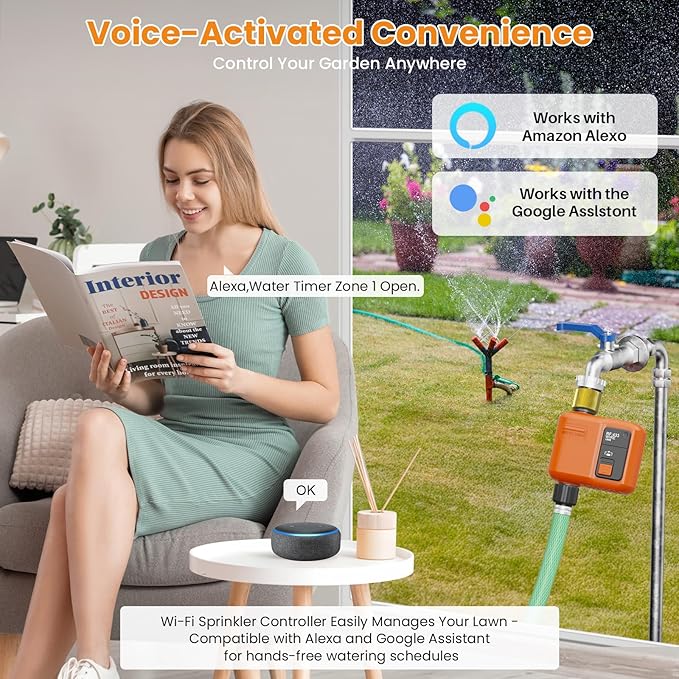 WiFi Water Timer for Garden Hose, Smart Sprinkler Timer with 984ft Long Range, Strong Wall Penetration, APP & Remote Control, Voice Control, Rain Delay, Manual Mode, Watering System (1 Outlet)