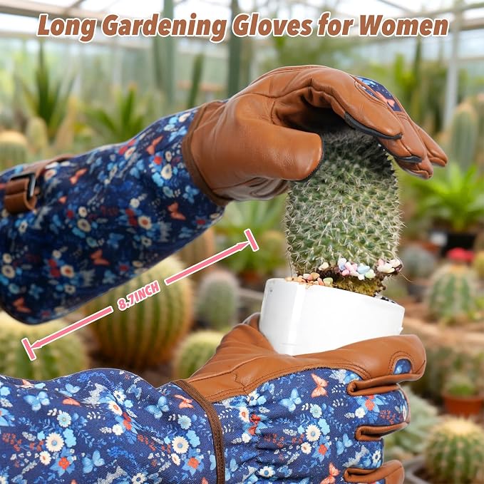 DLY Gardening Gloves for Women, Rose Gloves Thorn Proof, Long Garden Gloves for Women, Breathable Cowhide (Large, Brown)