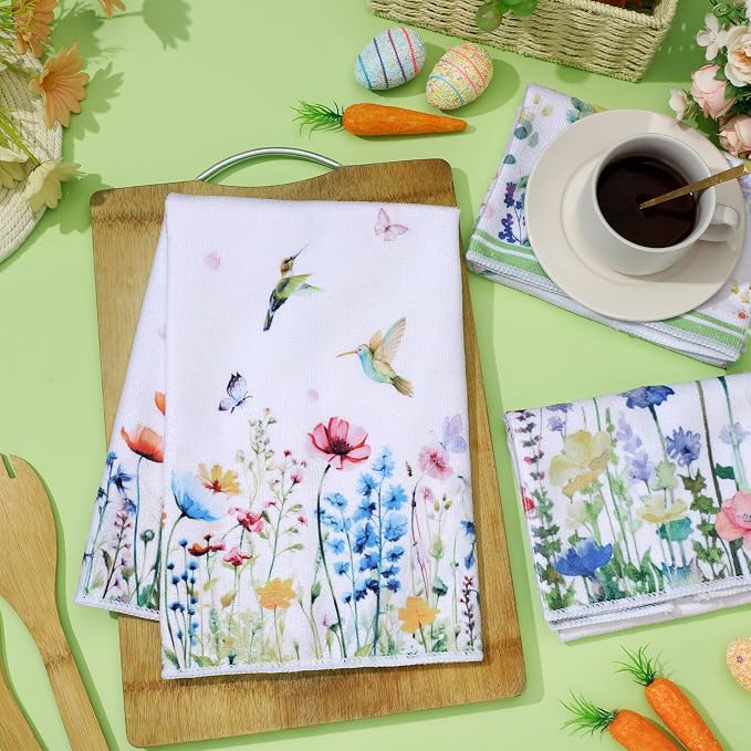 Oudain Sets of 6 Floral Kitchen Towels Decor Wildflower Hummingbirds Branches Dish Hand Tea Towels for Summer Spring Party Holiday Supply Bathroom Housewarming Gift