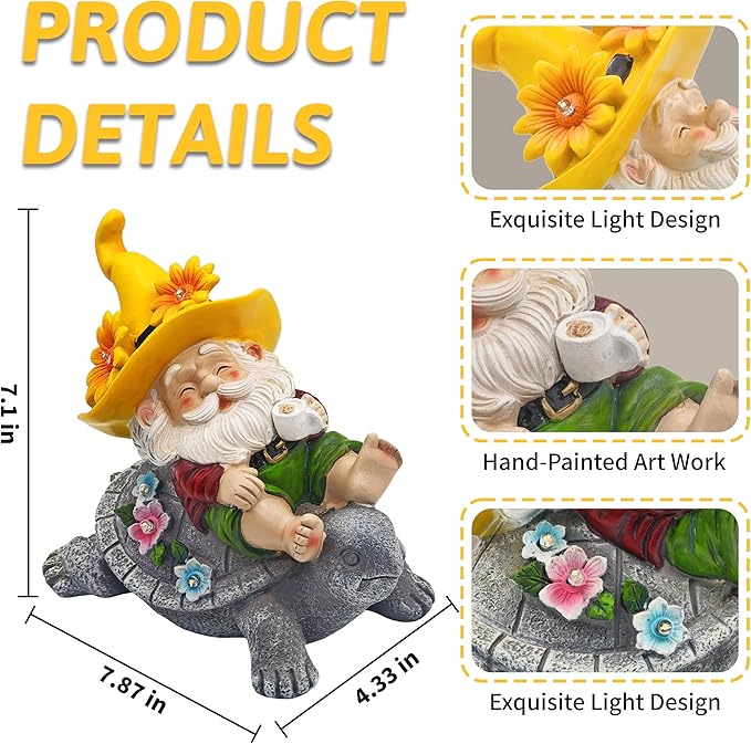 Garden Gnomes Outdoor Decor - Funny Sunflower Gnome Sitting on Turtle with Solar Lights, Gnomes Decoration for Lawn Yard Patio, Garden Gifts for Women, Mothers Day, Housewarming
