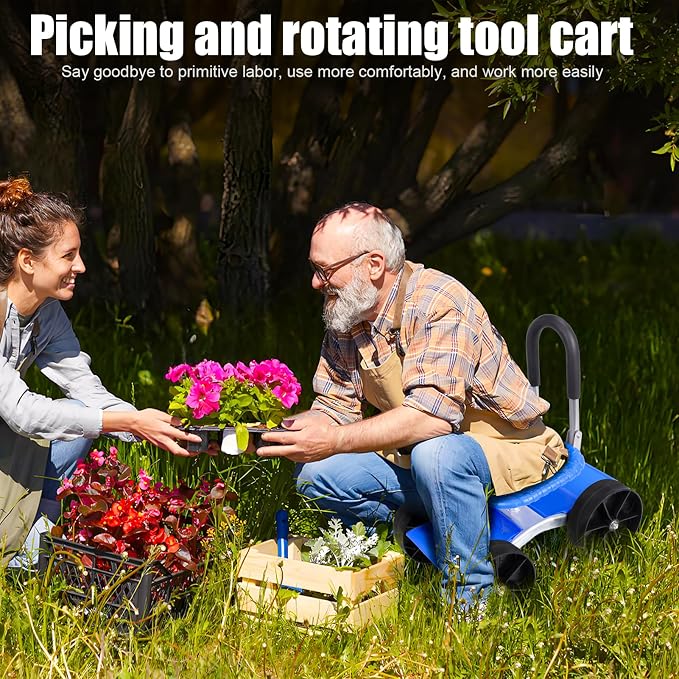 Garden Cart Rolling Stool with Four Wheels and Tool Bag, 360° Rotation Stable Workseat Sturdy Cart, Adjustable Seat Height & Direction, for Outdoor Lawn Yard Patio, Blue (Blue 1)