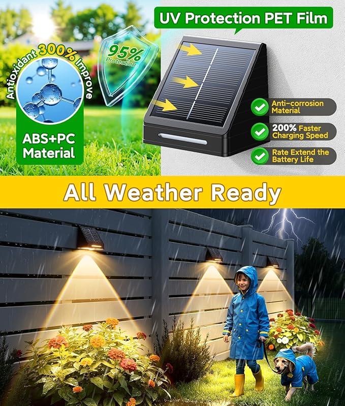 KOOPER Solar Fence Lights Outdoor Waterproof 2 Pack, Solar Fence Lights with Ultra-Bright LED Lens, 10 Modes & 9 Colors Outdoor Solar Lights for Fence, Backyard, Railing, Patio, Wall, Step, Deck