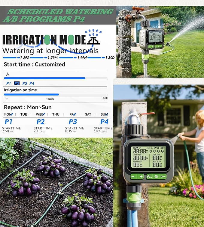 Smart Sprinkler Timer, 4-Zone Programmable Outlet Watering timers, IP65 Waterproof Automatic/Manual Hose Timer with Child Lock for Lawn, Yard, Garden, and Pool (one)