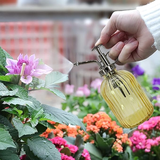 Glass Plant Mister Spray Bottle, 320ML Vintage Plant Spritzer with Top Pump Watering Can for Indoor Outdoor House Plants, Flowers (Yellow)