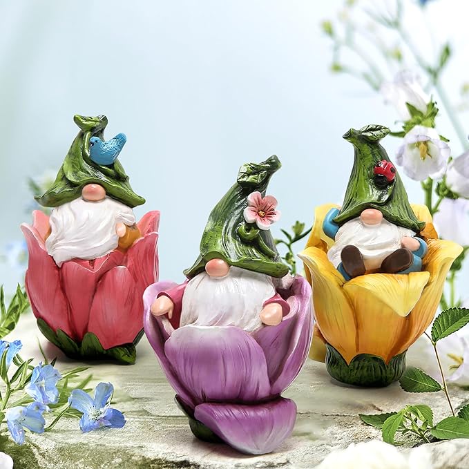 Hodao Resin Gnome Figurines, 3-Piece Flower Pot Indoor Home Decorations, Cute Ornaments for Bedroom & Living Room, Ideal Gift for Garden Lovers (Assorted Colors)