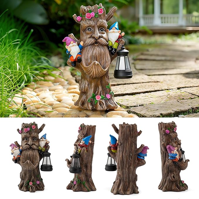 Joint Honglin Solar Tree Face Garden Statue with Lantern, Lighted Tree Gnome Garden Decor, Resin Forest Guardian Sculpture, Outdoor Waterproof Fairy Garden Decoration for Yard Lawn Patio Porch