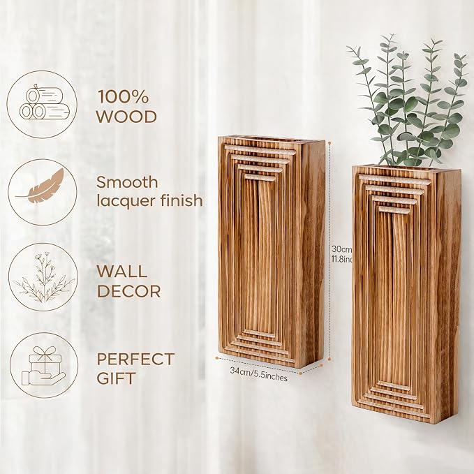 Wooden Wall Planter Vase,2 Pack Hanging Planter for Indoor Fake Plants Modern Boho Farmhouse Wall Art Decor for Home Indoor Kitchen Modern Farmhouse Bathroom Living Room Dining Room(Brown)